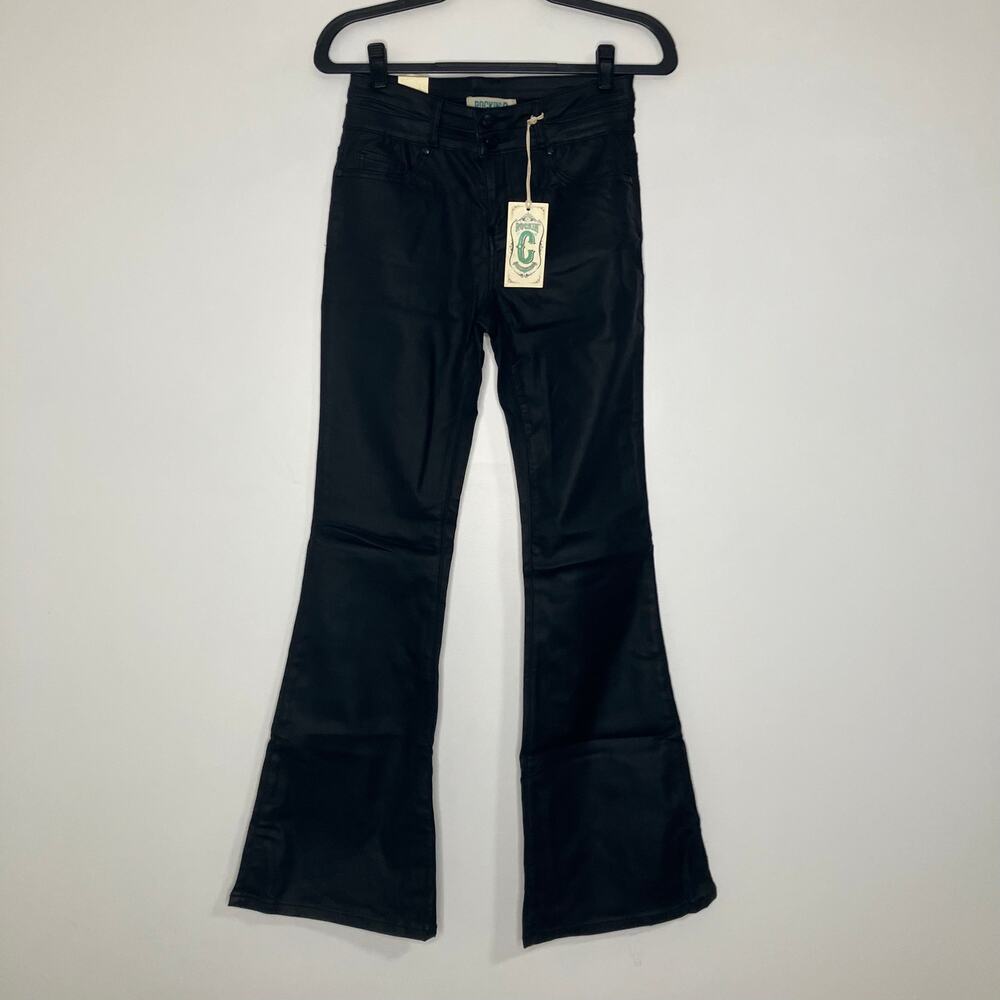 NWT ROCKIN C CAVENDER'S Women's Black High Rise Flare Leg Vegan Leather Pants 28